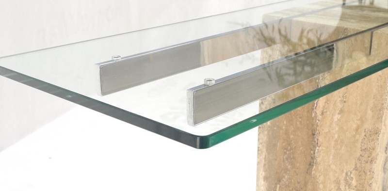 Single Travertine Pedestal Glass Top Italian Modern Sofa Console Table MINT! gallery