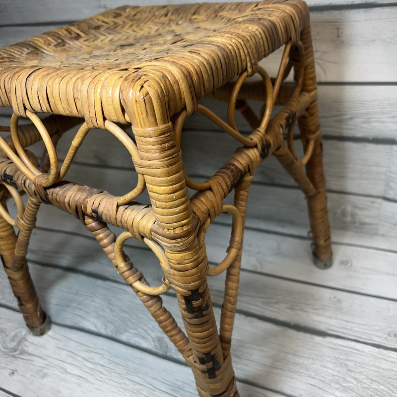 Vintage Rattan Wicker Coffee Patio End Table Plant Stand Stool Boho Chic MCM gallery