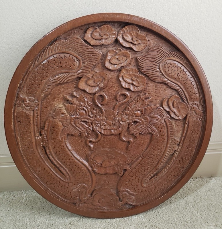 Vintage Asian Oriental Wood Carved Dragon Side Table w Folding Legs 19 Inch Tall gallery