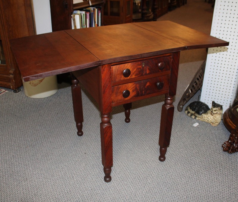 Antique Early American Mahogany Drop Leaf Side Table – 2 Drawers gallery