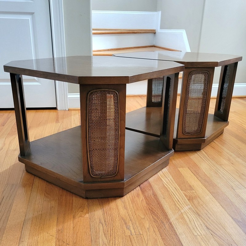 Vintage Set 2 MCM Emphasis Broyhill Premium End Tables Walnut/ Cane Inserts!