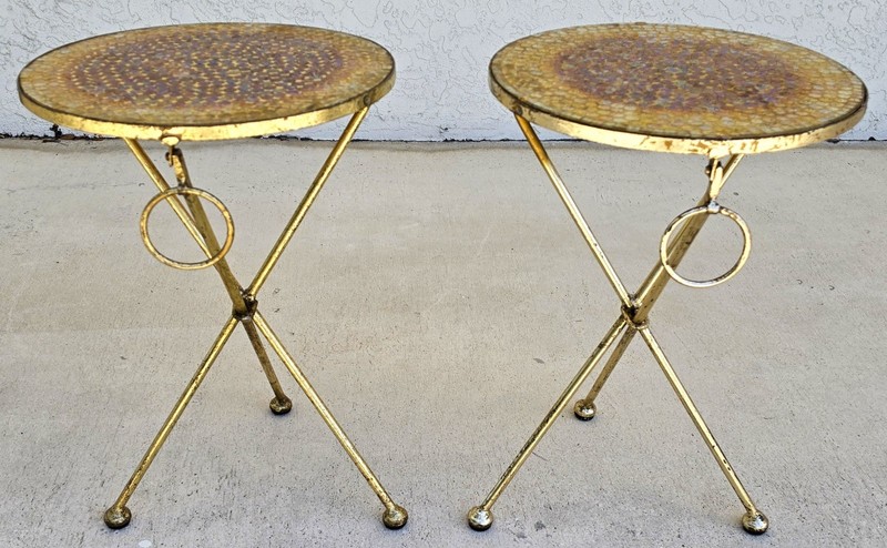 Italian Gold Gilt Folding Mosaic Side Drink Tables 1960s Pair gallery