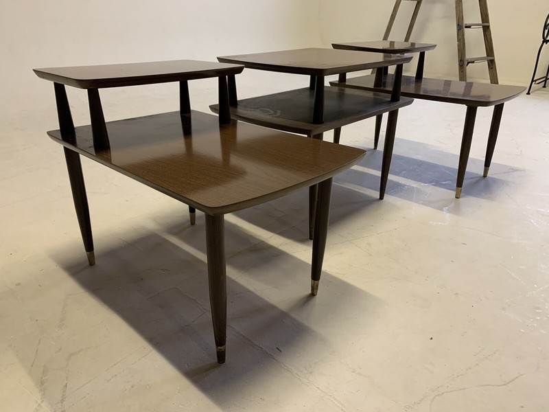 Mid Century Modern End Table Step Vintage 2 Tier Coffee Walnut Wood Tapered Legs gallery