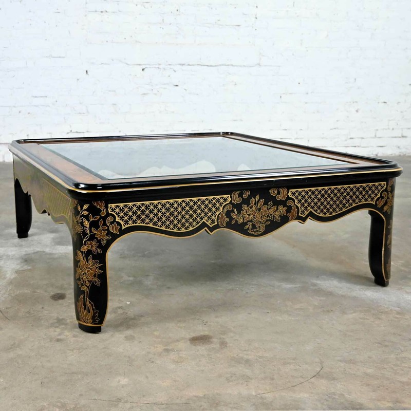 Drexel Heritage ET Cetera Collection Chinoiserie Black Gold Burl Coffee Table gallery