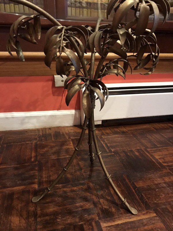 ITALIAN GILT METAL PALM TREE FORM SIDE TABLE. ROUND GLASS TOP. gallery