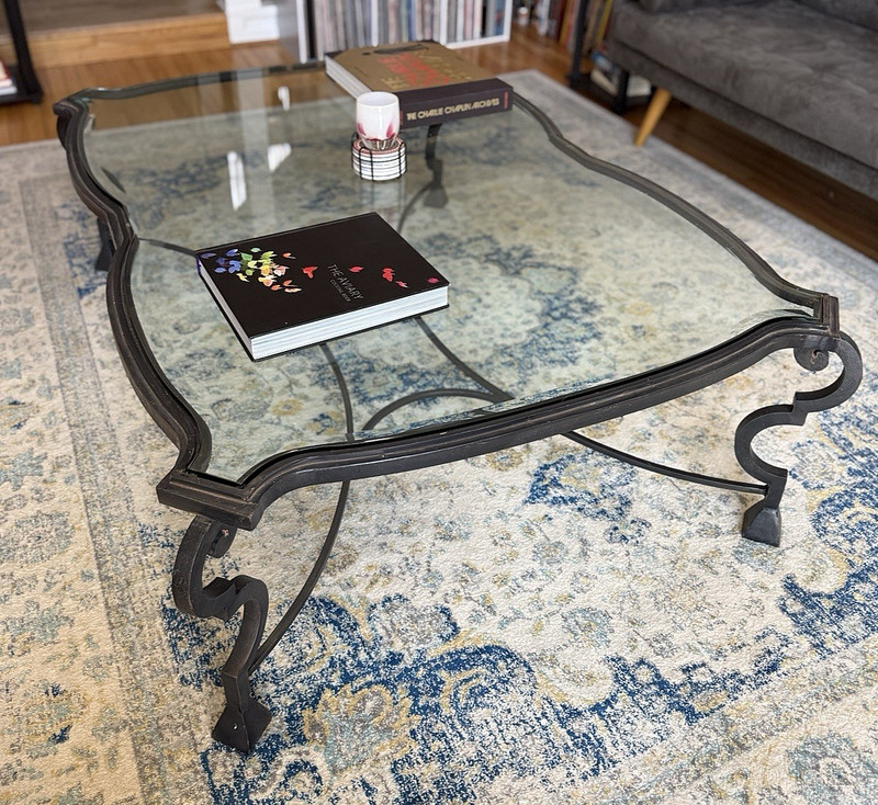 Large Vintage Wrought Iron Glass Coffee Table Scroll Base 60x42x20 Baroque