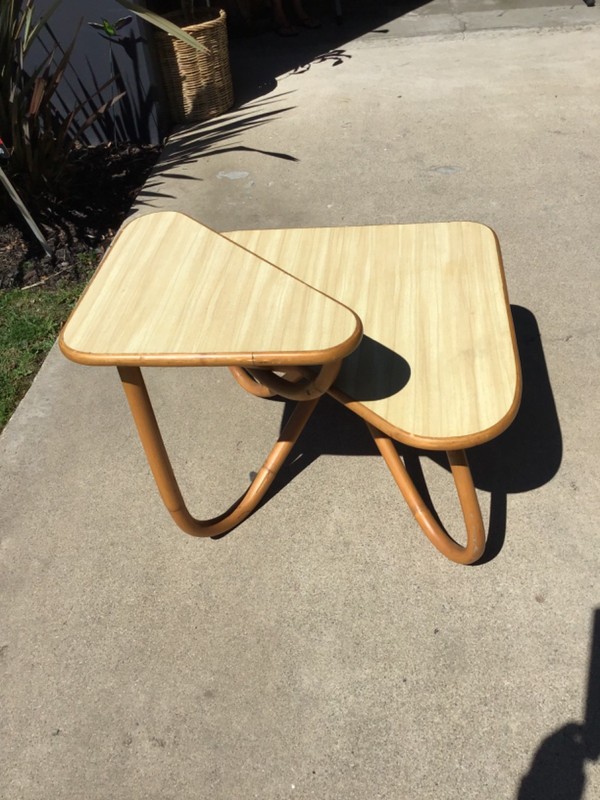 Mid Century Bi Level Triangle Rattan Bentwood Table Paul Frankl gallery