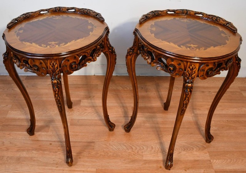 1910s Antique French Louis XV Walnut & Satinwood inlay PAIR of Side / end tables