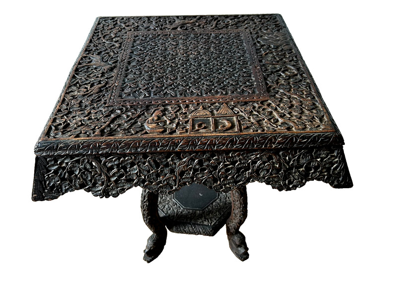 Anglo-Indian 19c Burmese Colonial Hand-Carved Hardwood Side Table 22''Hx18.5''W gallery