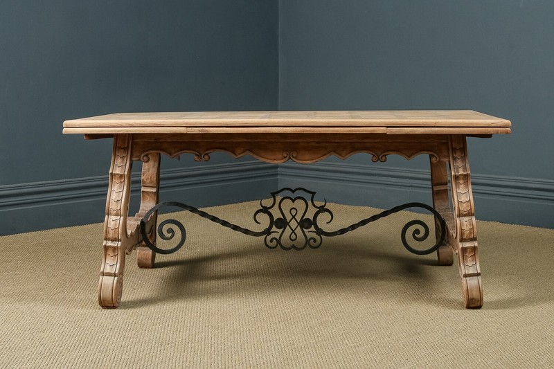 Antique Spanish Basque Oak & Iron 8ft 9” Refectory Kitchen Dining Table c. 1930 gallery