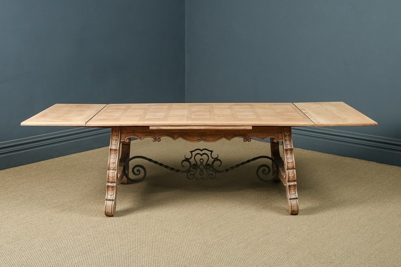 Antique Spanish Basque Oak & Iron 8ft 9” Refectory Kitchen Dining Table c. 1930 gallery