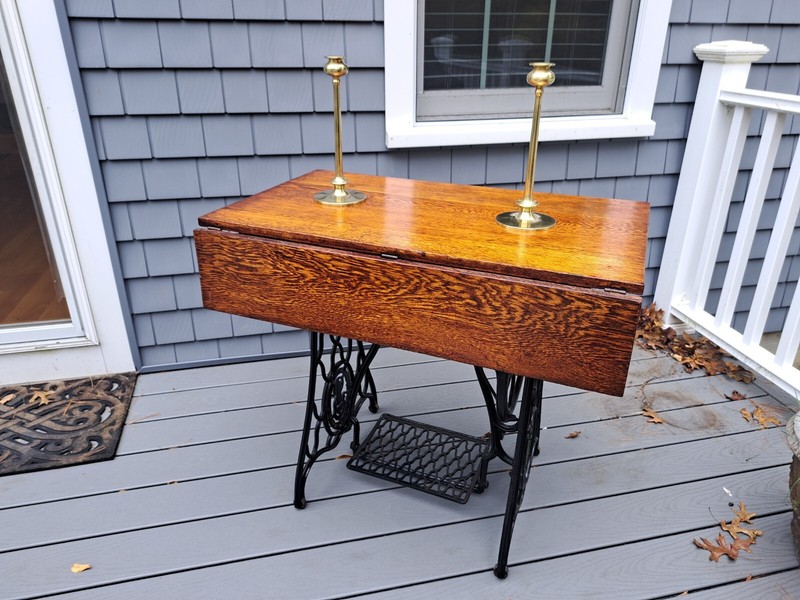 Repurposed 19th Century Cast Iron Singer Sewing Base/Oak Drop Leaf Farmers Table gallery