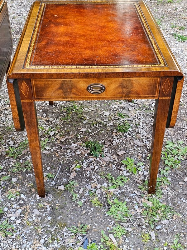 Antique Pembroke Double drop leaf leather top end table Pair by Weiman gallery