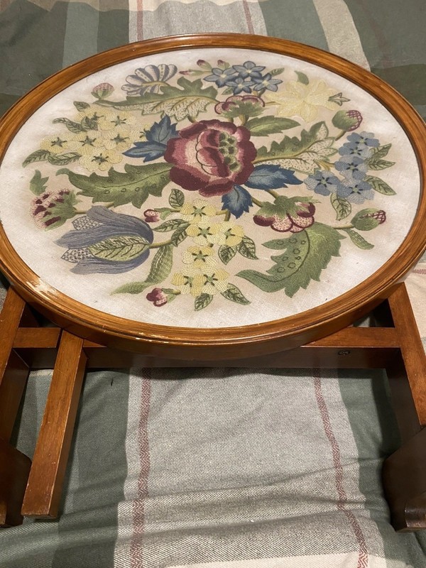 Vintage Beech Wood Needlework Embroidered Folding Gate Side Table Restoration gallery