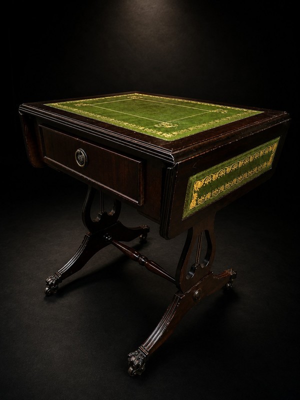 Antique Drop Leaf Side Table Green Leather Top Elegant Regency Style Mahogany