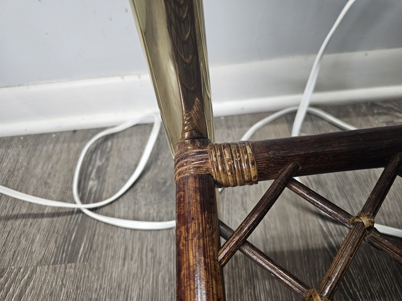 Vintage Bohemian Cane Wood Rattan Bamboo Side Table Brass Legs Glass Top W/ Back gallery