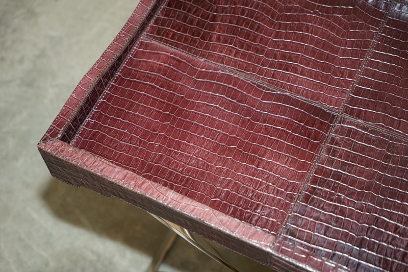 STUNNING VINTAGE CROCODILE ALLIGATOR PATINA LEATHER FOLDING CHROME TRAY TABLE gallery