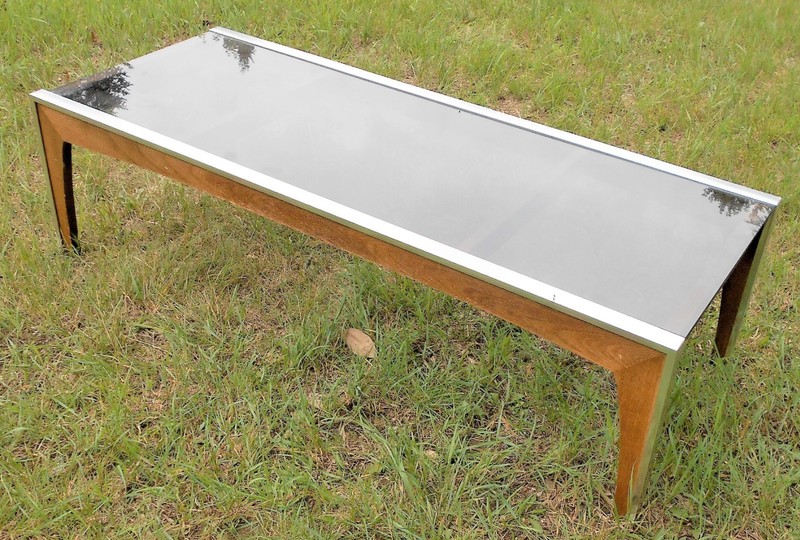 VINTAGE MID CENTURY MODERN WOOD AND BRUSHED STEEL COFFEE TABLE gallery