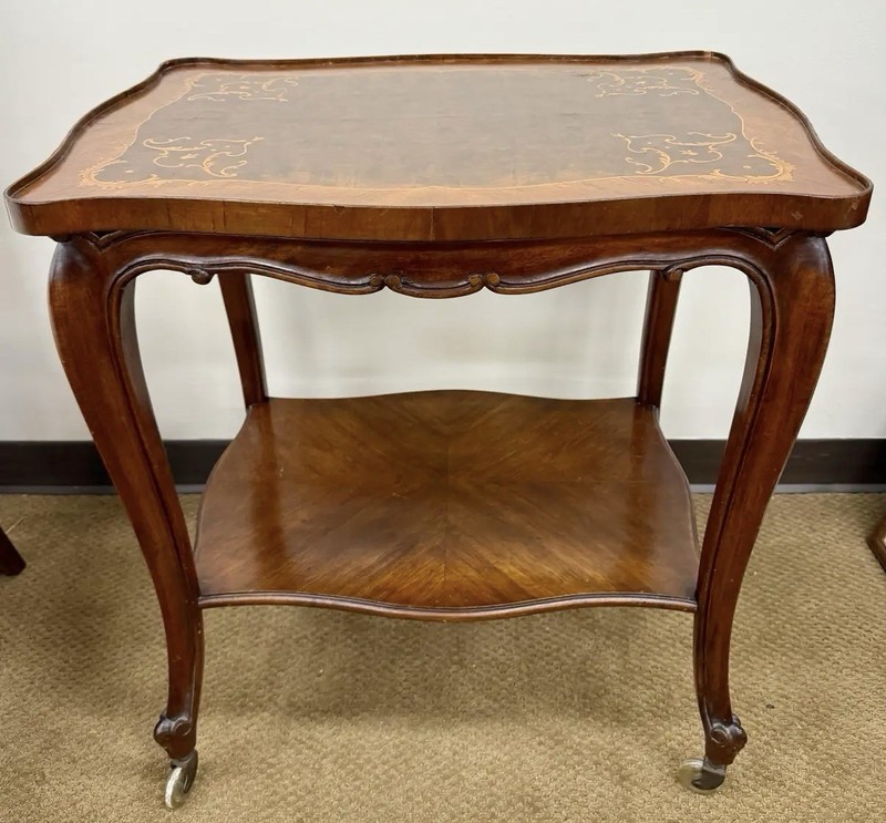 Rare Antique Italian Marquetry Inlay Two-tiered Bar Cart Tea Table End Side gallery