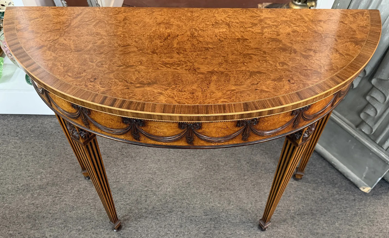 Adam Style Burled Walnut Demilune Table or Console with Banding & Ribbon Swags gallery