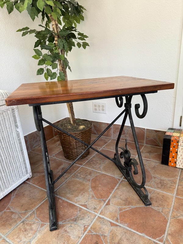 Rare HENREDON SOLID Thick WROUGHT IRON BASE in Art Deco style w/Wooden table top