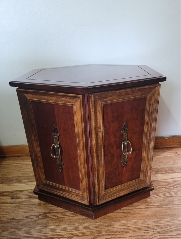 Vintage Hexagonal Wood Side End Table With Storage Compartment