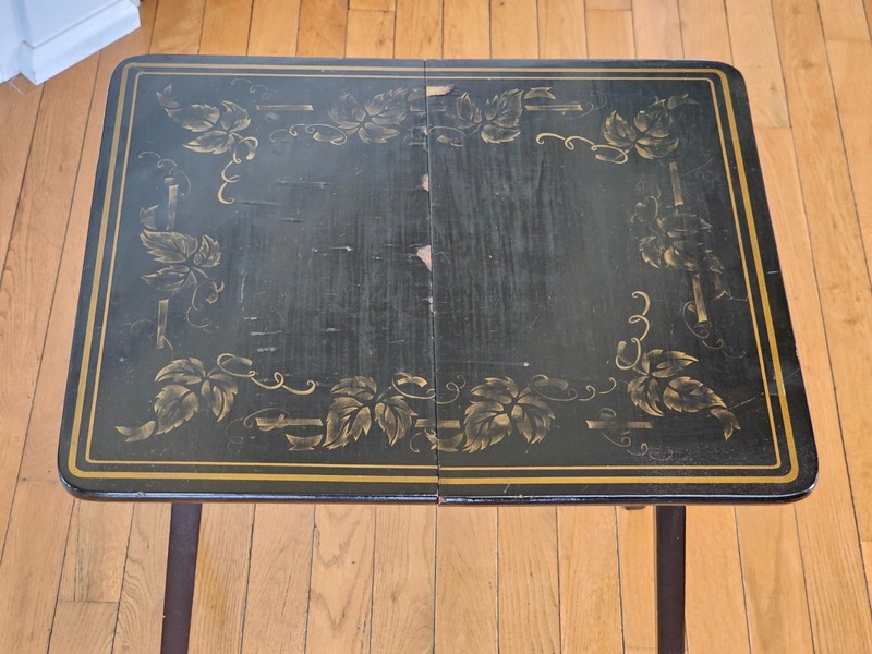 Vintage Howe Black Portable Folding Wooden Table with Painted Floral Design