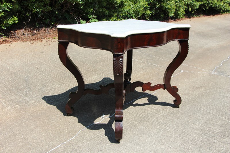 Fabulous Large Victorian Empire Flame Mahogany Scalloped Marble Top Center Table gallery