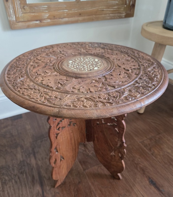 Antique Wood Engraved Round Accent Table Anglo-Indian Fold Away Side Vintage gallery