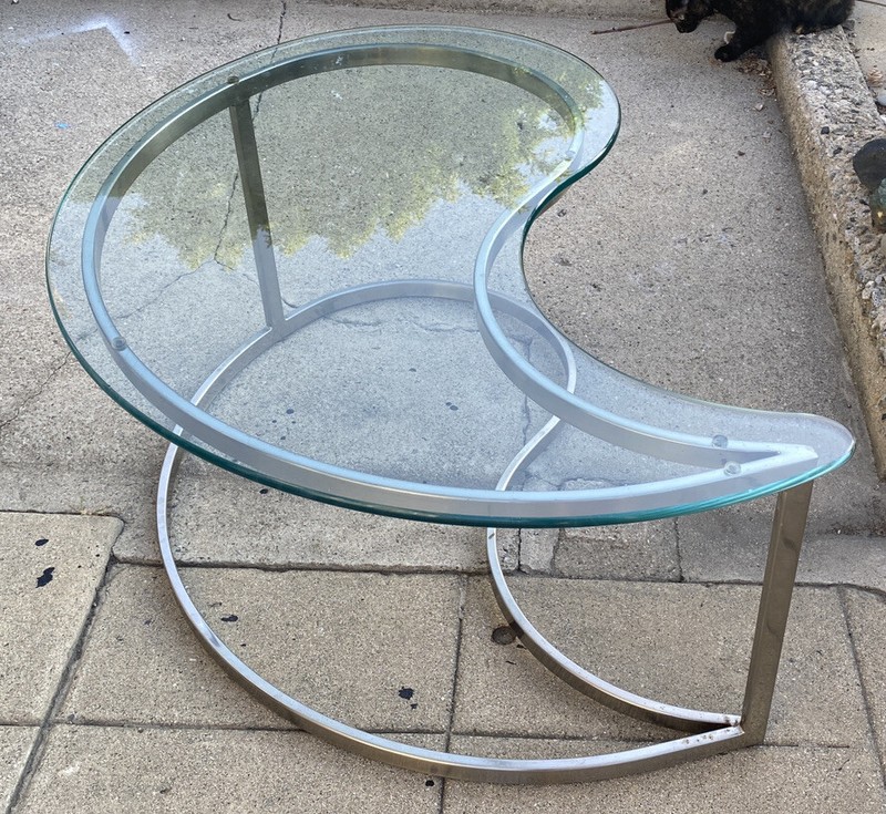 Milo Baughman Yin Yang Mid Century Glass Top Coffee Table brushed nickel chrome
