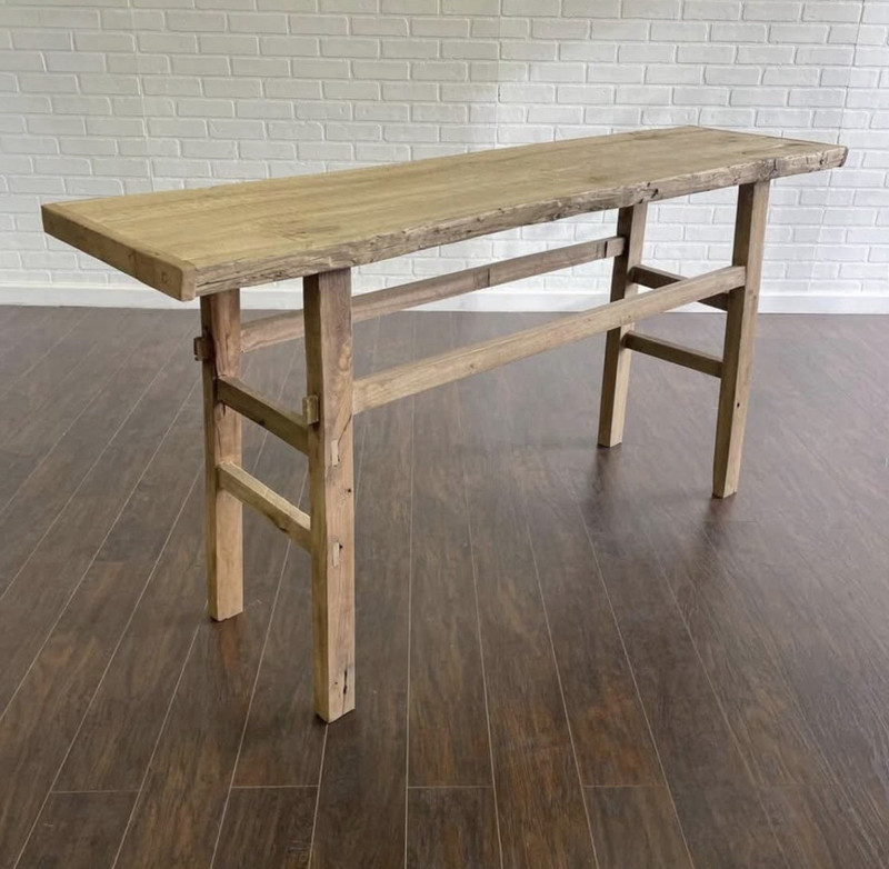 Vintage Elm Wood Console with amazing antique patina. 62.5” L x 16.75”W x31.75”H