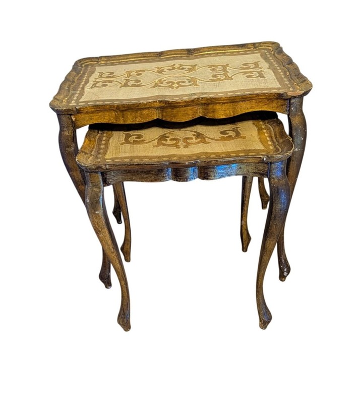 Vintage Florentine Gold White 2 Nesting Tables Floral Pattern Ornate Resin