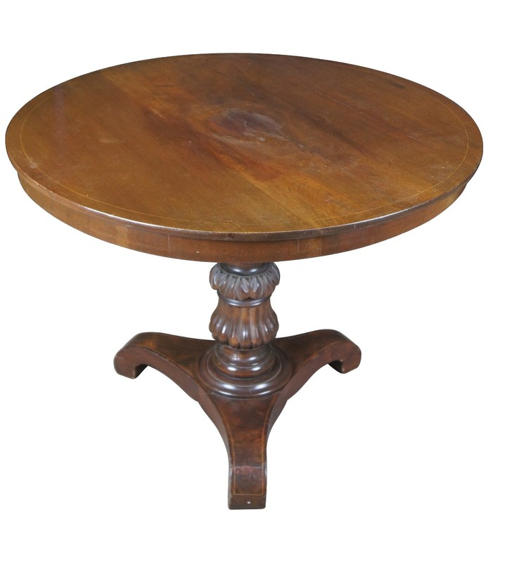 Antique German Biedermeier Mahogany Inlaid Round Center Pedestal Table 36″
