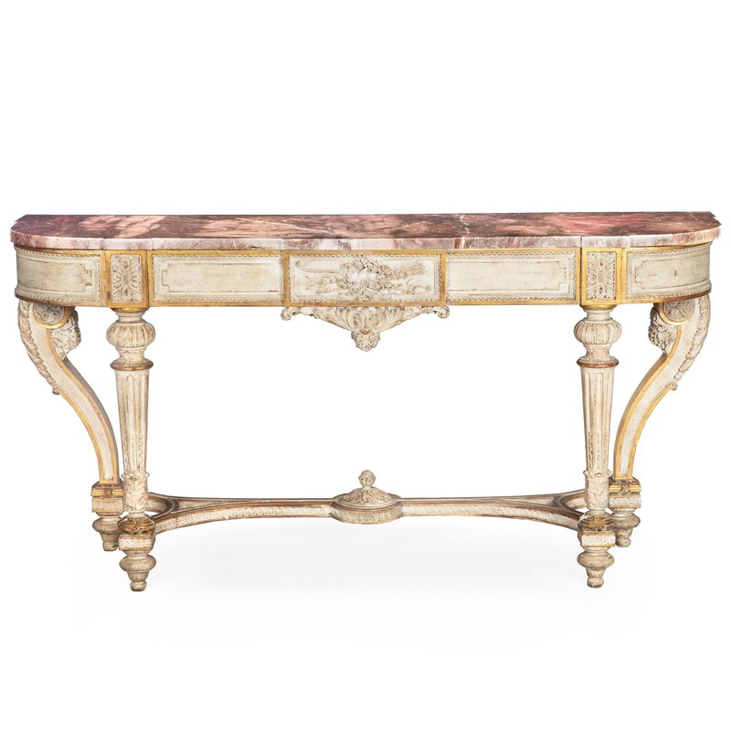 French Louis XVI Style White Painted and Parcel-Gilt Violet Marble Console Table