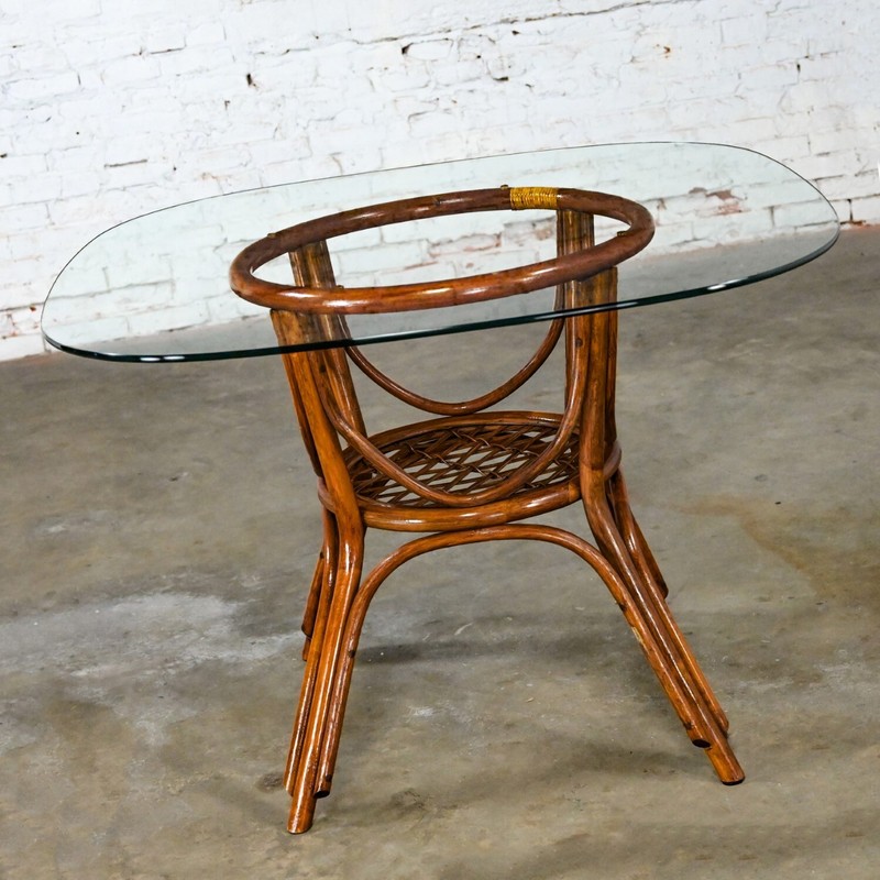 Coastal Island Style or Hollywood Regency Rattan Glass Top Dining or Game Table gallery