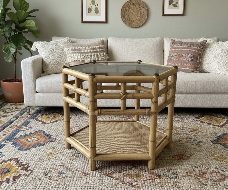 VTG Mid Century Tortoise Shell Rattan Bamboo Hexagon Glass Top Side/End Table