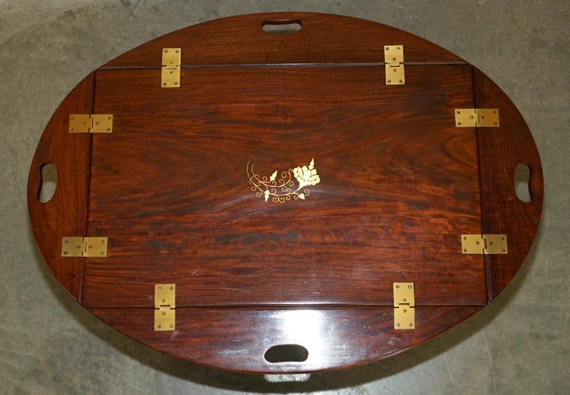 FINE VINTAGE ENGLISH MAHOGANY & BRASS BUTLERS TRAY TABLE WITH FOLDING SIDES gallery
