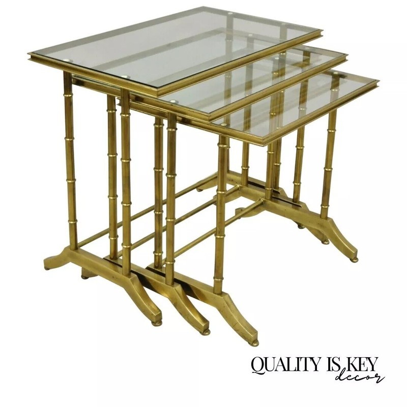 Mastercraft Hollywood Regency Brass Faux Bamboo Glass Top Nesting Side Tables