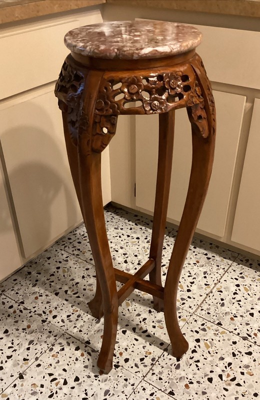 Vintage Hand Carved Rosewood Marble Top Pedesatal Table.36” Tall. gallery