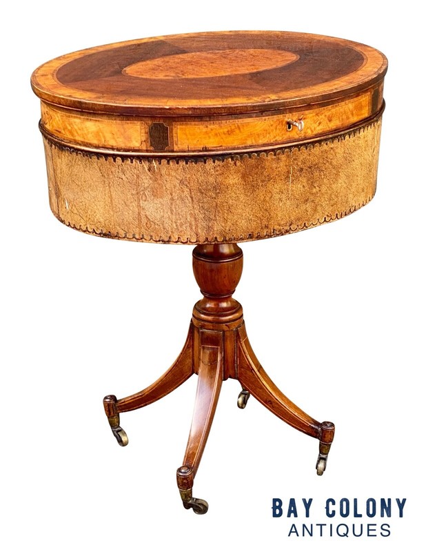 ANTIQUE REGENCY MAHOGANY & SATINWOOD SEWING STAND / WORK TABLE gallery