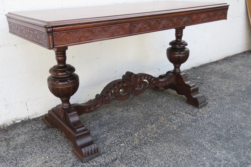 Early 1900s Carved Inlay Long Console Library Dining Extension Table 5392 gallery