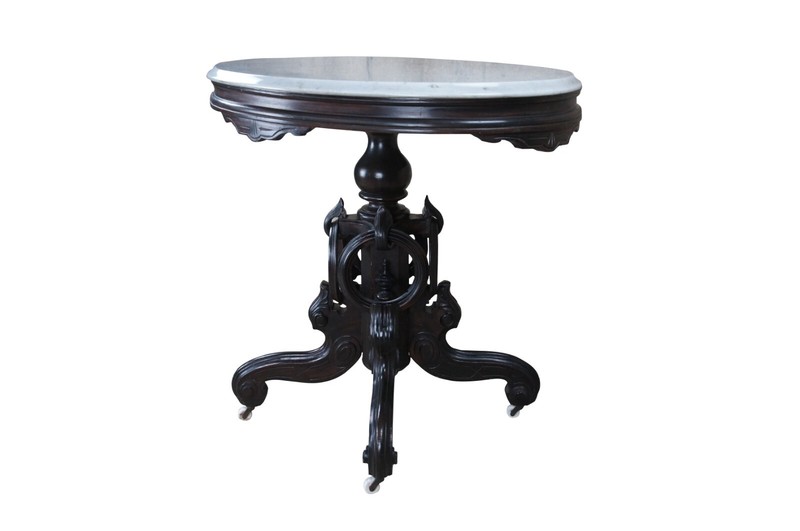 Antique Victorian Carved Rosewood Oval Marble Parlor Center Accent Table 32" gallery