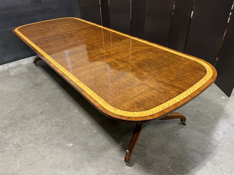 Dramatic John Widdicomb Dual Pedestal Mahogany 125″ Dining Table; Exotic Veneers