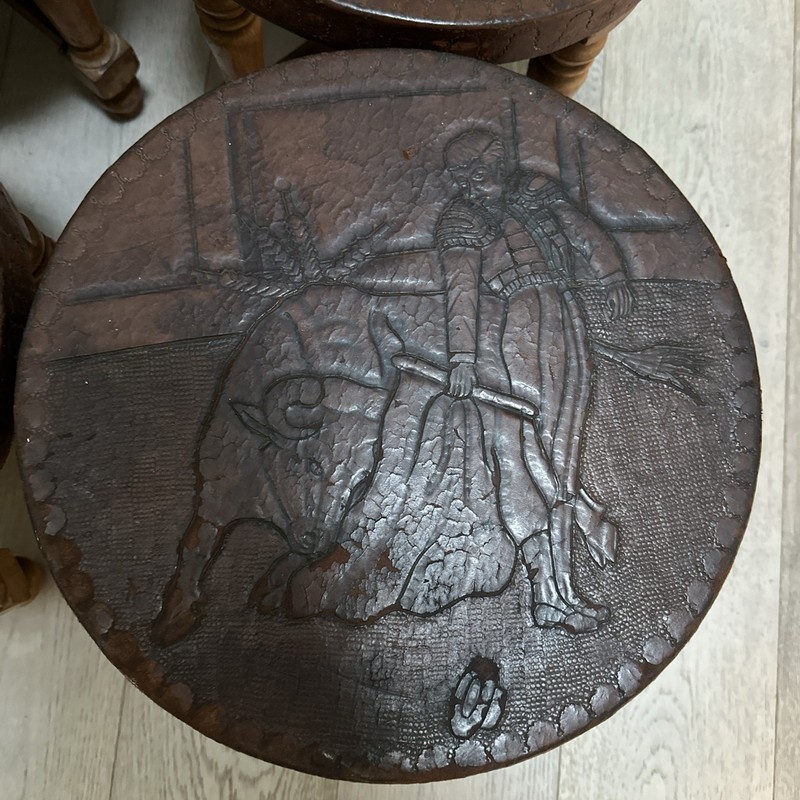 Peruvian Hand Tooled Punched Leather South American Wooden Stools Bull & Matador gallery