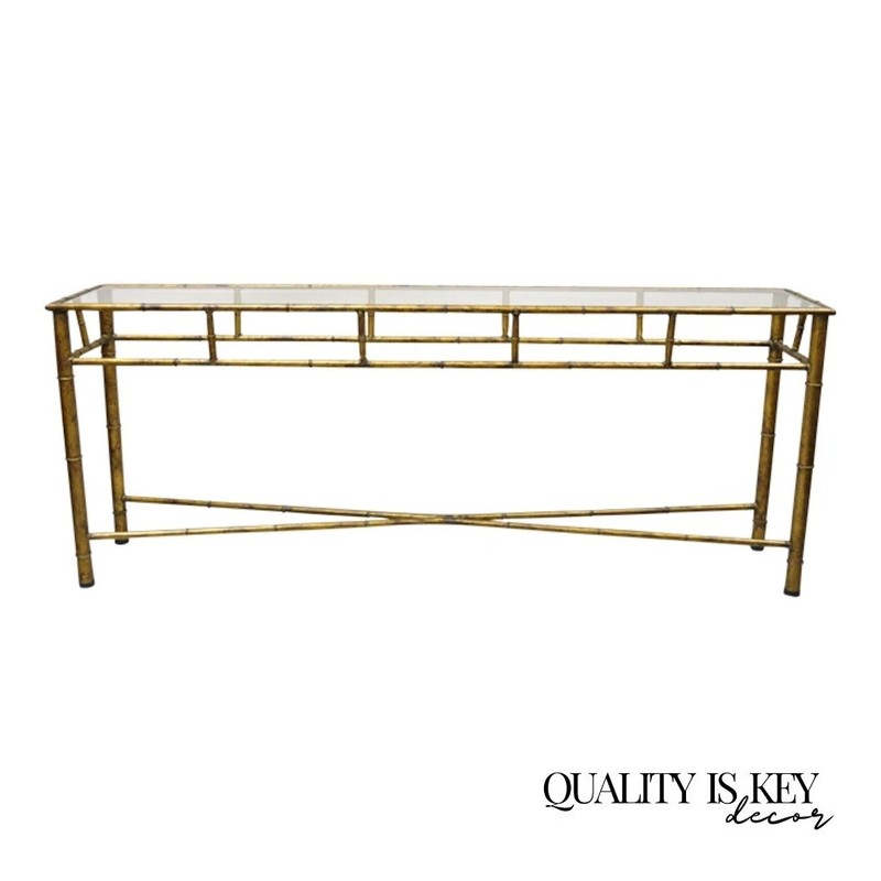 Vintage Italian Hollywood Regency Faux Bamboo Gold Gilt 72″ Console Hall Table