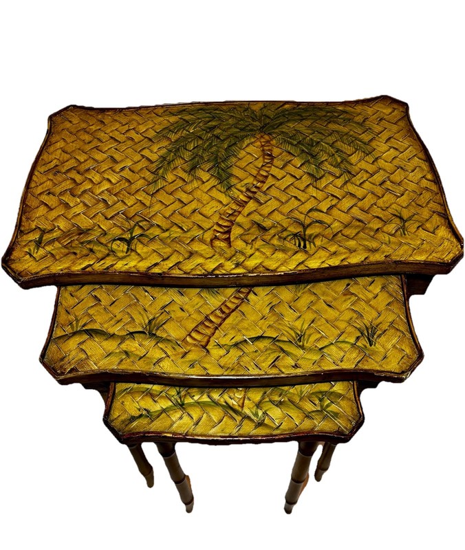Vintage Boho Chic Faux Bamboo Nesting Tables 3 Pc Handpainted Chinoiserie Style gallery