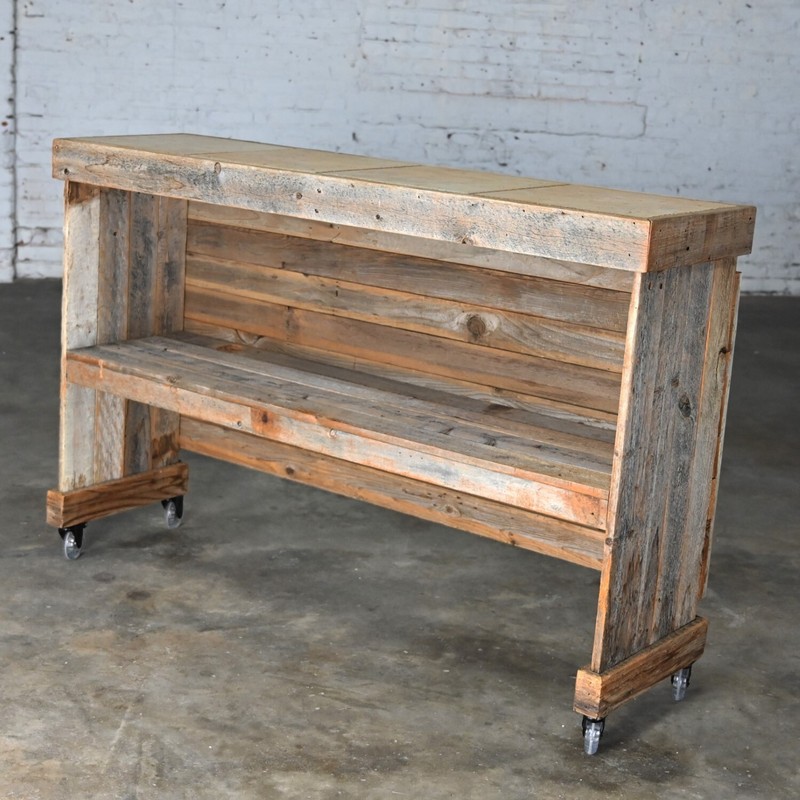 Rustic Distressed Wood Ceramic Top Bookshelf Console Table or Rolling Bar gallery