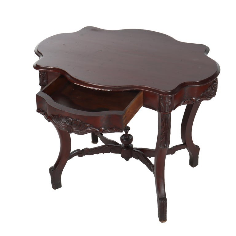 Antique Carved Flame Mahogany Turtle Top Table C1880 gallery