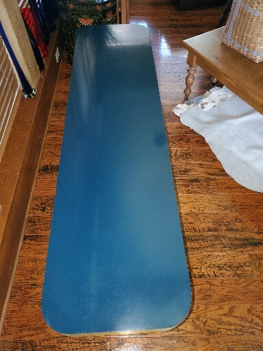 Vintage Mid-Century Modern Electric Blue Sofa or Console Table Brass Trim gallery