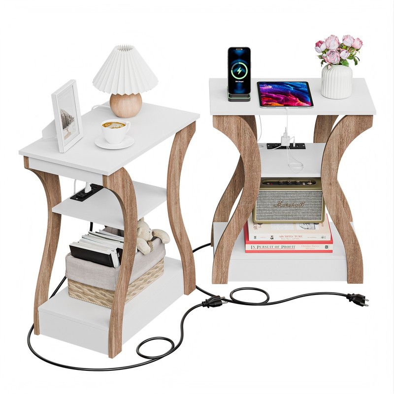 2PCS End Side Table with USB Ports Wood&White Nightstand for Bedroom Living Room